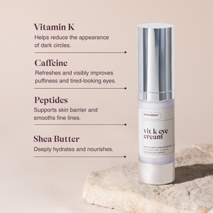 Vitamine K eye cream van Prescription Skincare op een steen met key ingredients erbij