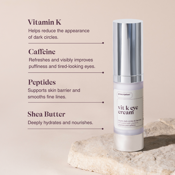 Vitamine K eye cream van Prescription Skincare op een steen met key ingredients erbij